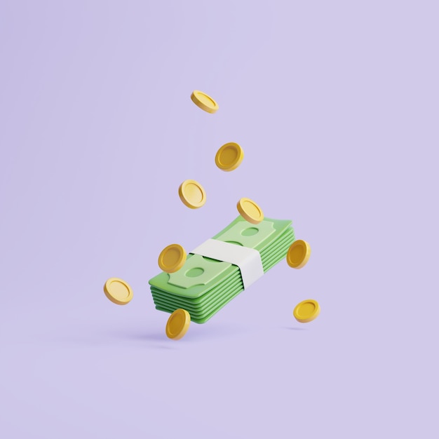 Dollarbankbiljetten met gouden munten drijvend op paarse pastel achtergrond 3D render illustratie