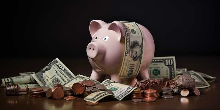 Foto dollarbiljetten en spaargeld besparingsinvesteringen bedrijf winnen gelukkige varken bankconcept