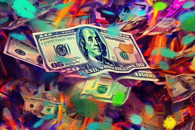 dollarbiljetten vallen met kleurrijke abstracte achtergrond
