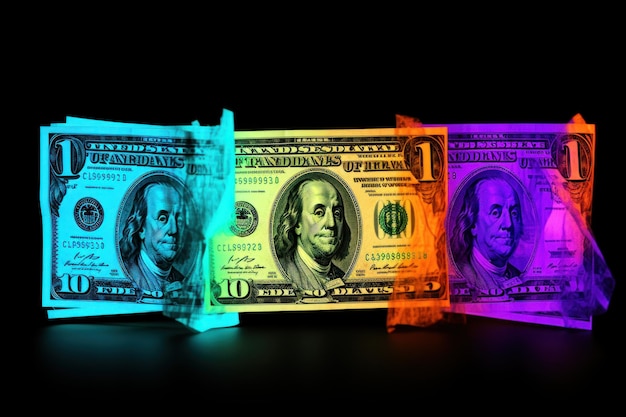 dollarbiljetten vallen met Neon kleurrijke achtergrond