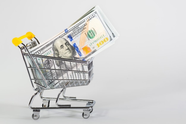 Dollars in the cart at the white background Shopping sales