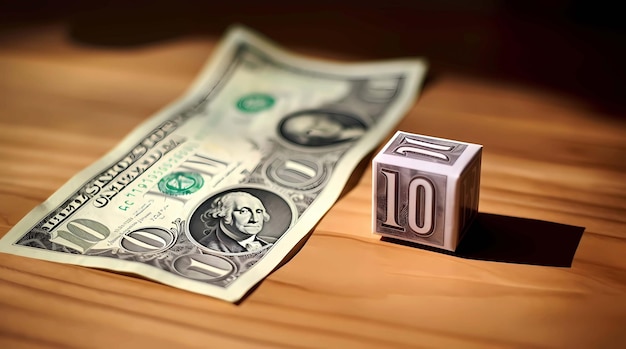 Доллары и куб с надписью 10 на деревянном фоне Генеративные ИИ иллюстрации