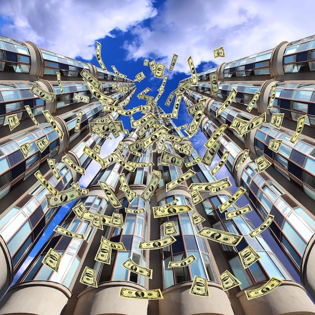 dollars falling from high modern beautiful skyscrapers