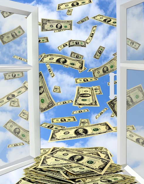 Dollars flying out from opened window to the cloudy heaven