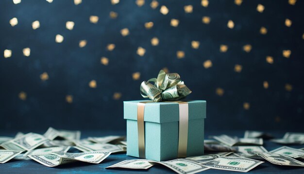 Foto dollari sullo sfondo di una scatola regalo con spazio per copie