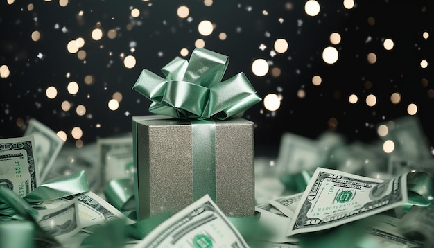 Dollars in gift box background with copy space