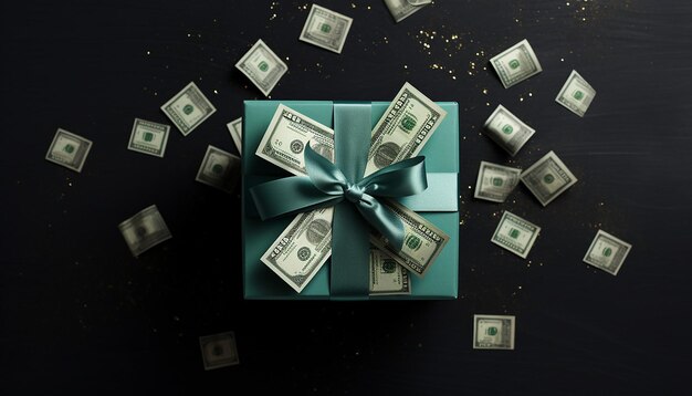 Dollars in gift box background with copy space