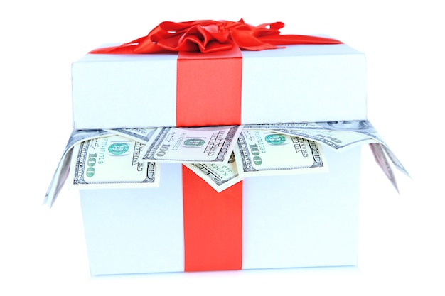 Dollars in gift box isolated on white