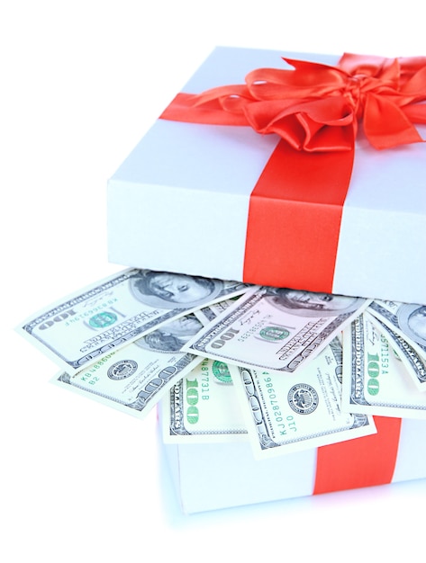 Dollars in gift box isolated on white