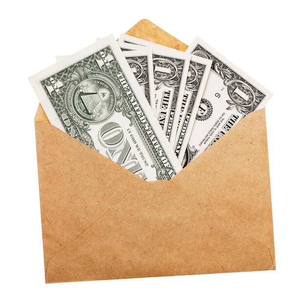 白い背景の灰色の支払いの概念に分離された封筒のドル