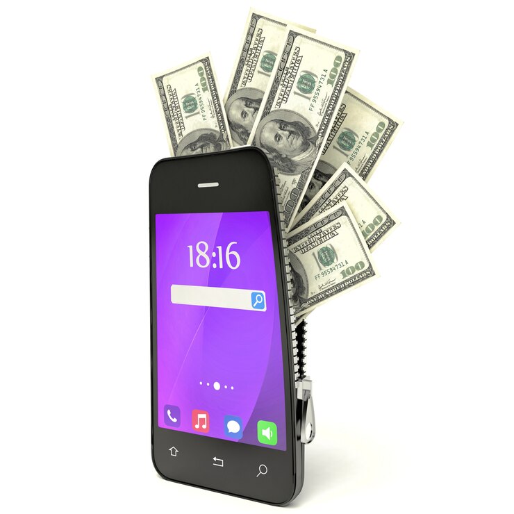 Photo dollars inside smart phone 3d concept