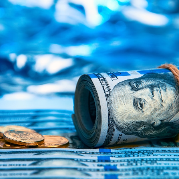 Dollars. A roll of dollars and gold coins on a blue background.