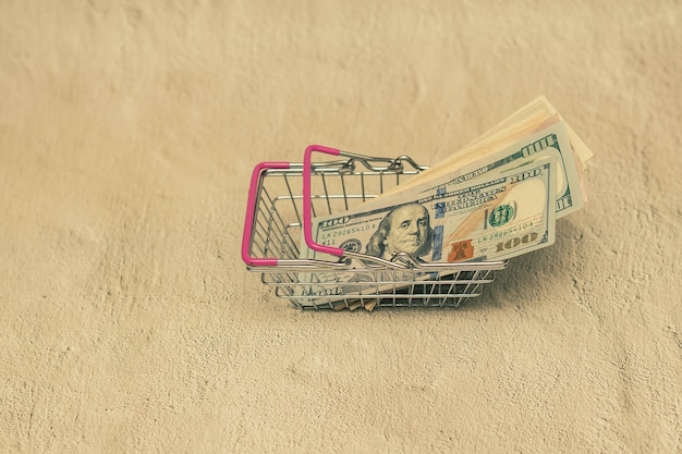 Dollars in the small shopping cart Nude background