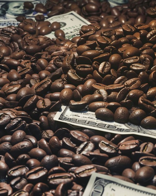 Photo dollars us money covered with coffee beans close up