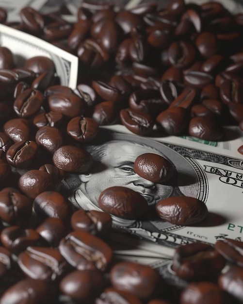 Photo dollars us money covered with coffee beans close up