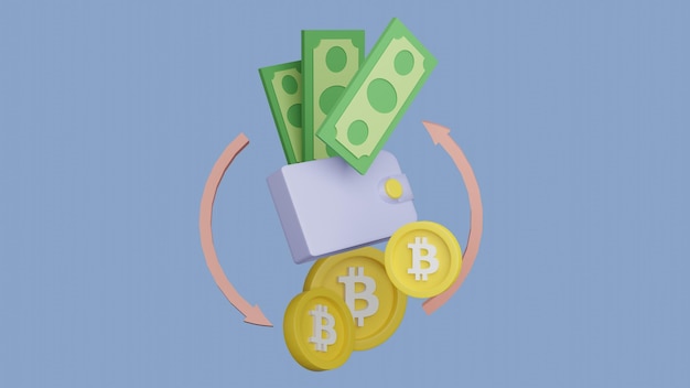 Dollars with bitcoins and wallet 3d illustration Swap your currencies Buy cryptocurrency