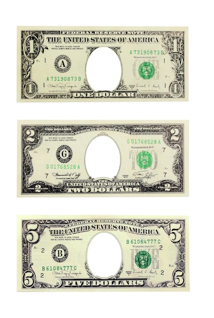 dollars with hole instead president isolated on the white Funny currency for childish games One dollar isolated Two dollars isolated Five dollars isolated