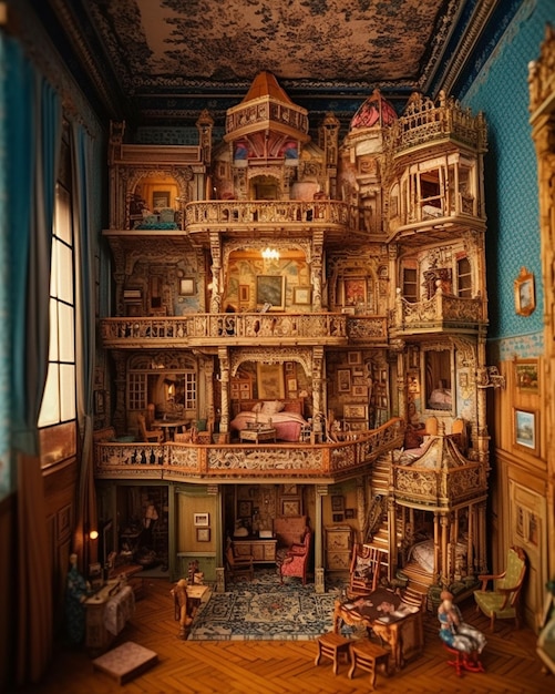 A dollhouse with a balcony and a balcony.