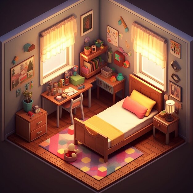 a dollhouse with a bed a table and a bed with a rug on it