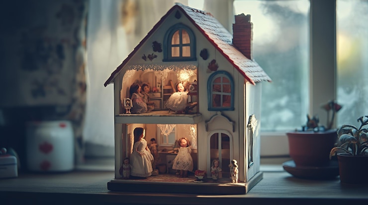 Photo a dollhouse with lit windows showing tiny doll figures inside sits on a table in front of a window