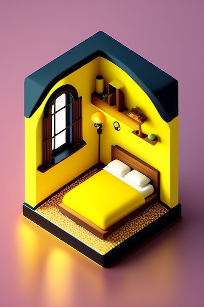 A dollhouse with a yellow bed and a table with a lamp on it.