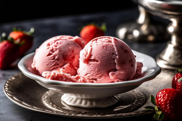 A dollop of strawberry ice cream in a silver bowl on a white plate