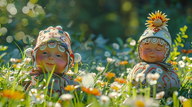 dolls in a field of flowers