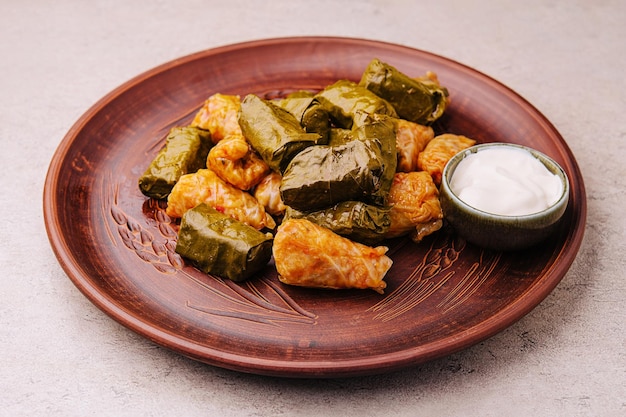 Dolma cabbage rolls grape leaves filling close up