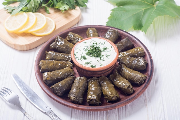 Dolma from grape of vines with rice meat and spices
