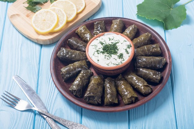 Photo dolma from grape of vines with rice meat and spices