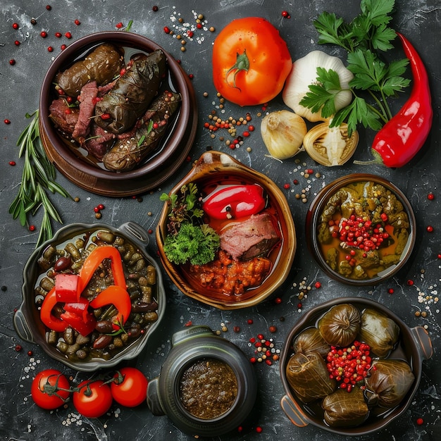 Photo dolma set buglama with lamb shin vegetables fragrant herbs sarma dolmades dolmadakia