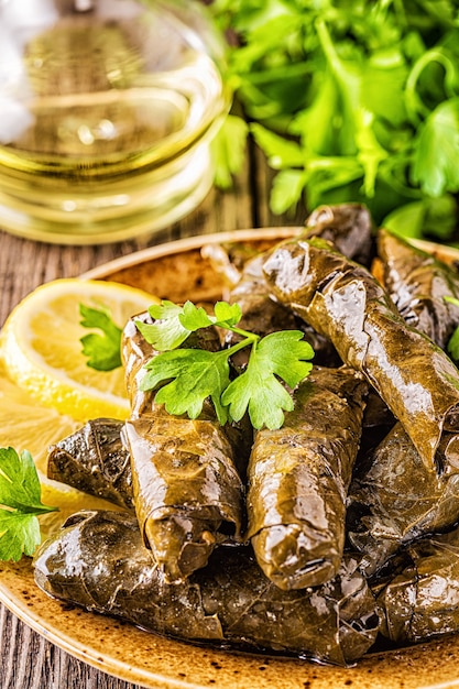 Dolma, stuffed grape leaves with rice and meat on dark background, selective focus.