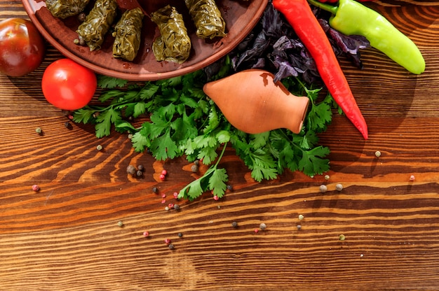 Photo dolma, traditional georgian kitchen.top view.