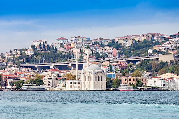 The Dolmabahce Mosque is in Istanbul, Turkey. It was commissioned by queen mother Bezmi Alem Valide Sultan.