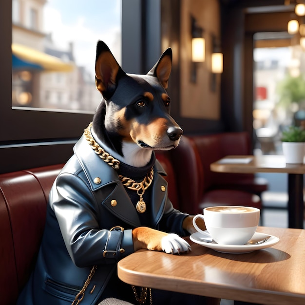 Foto dolmate dog è un cane antropomorfo che viene spesso visto da vicino seduto in un caffè con una tazza di caffè