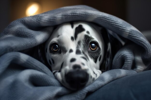 Photo dolmatian dog wrapped in blanket