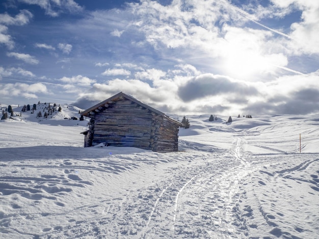 Dolomites 눈 파노라마 나무 오두막 val badia armentarola