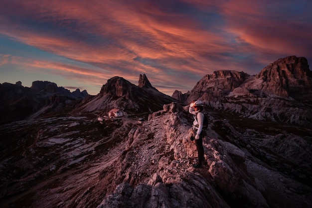 Dolomites Three Peaks of Lavaredo Italian Dolomites with famous Three Peaks of Lavaredo Tre Cime South Tyrol ItalyxAPeople climbing on a via ferrata route paternkofel