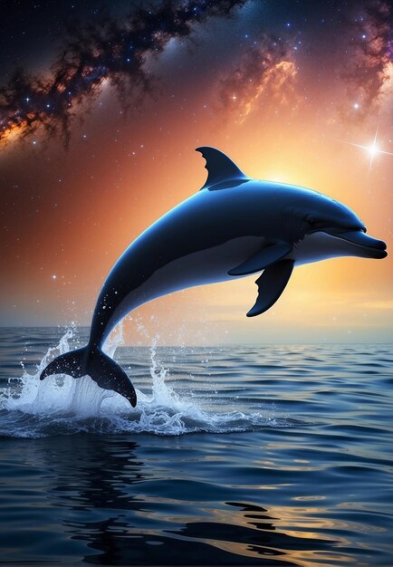 Photo dolphin in the air above the water on the background of water and night sky and neon glow