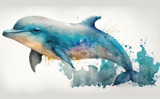 A dolphin in blue water with a splash of paint. illustrations for kids cartoon style ai generated