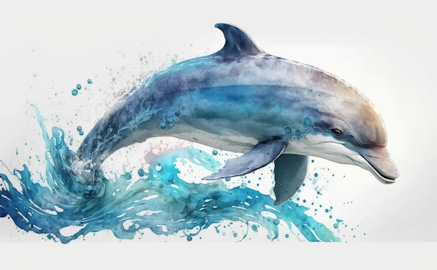 A dolphin in blue water with a splash of paint. illustrations for kids cartoon style ai generated