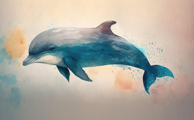 A dolphin in blue water with a splash of paint. illustrations for kids cartoon style ai generated