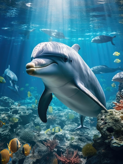 dolphin bottlenose under water natural sea life with corals