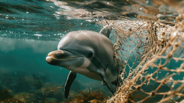 Photo dolphin caught in fishing net underwater depicting human waste impact on marine life crisis