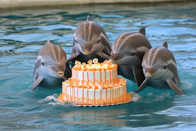 Dolphin celebrating birthday party with birthday cake illustration generative ai