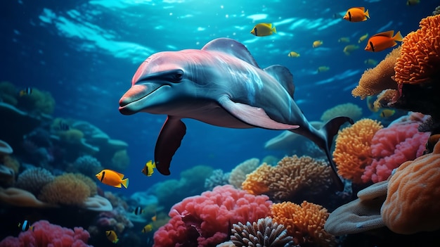 바다에서 돌고래 다채로운 물고기와 산호 수중