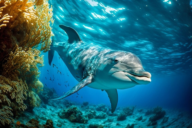 Dolphin among coral reefs in blue clear ocean water illustration Generative AI