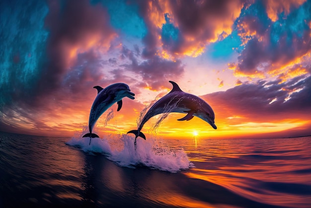 Dolphin couple jumping in ocean at sunset Generative AI