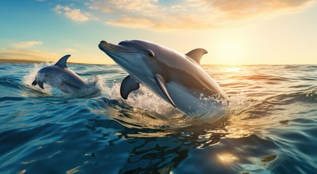 Photo dolphin and dolphins swimming in the ocean with sun out