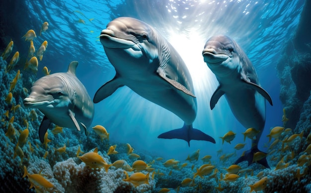 Dolphin family underwater on reef background looking at you